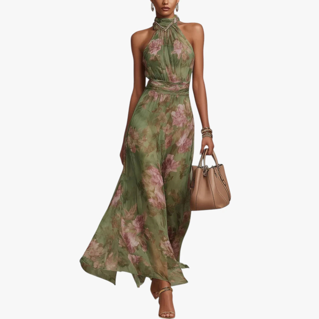 Dame Blomstret Maxi Kjole til Bryllup med Halterneck