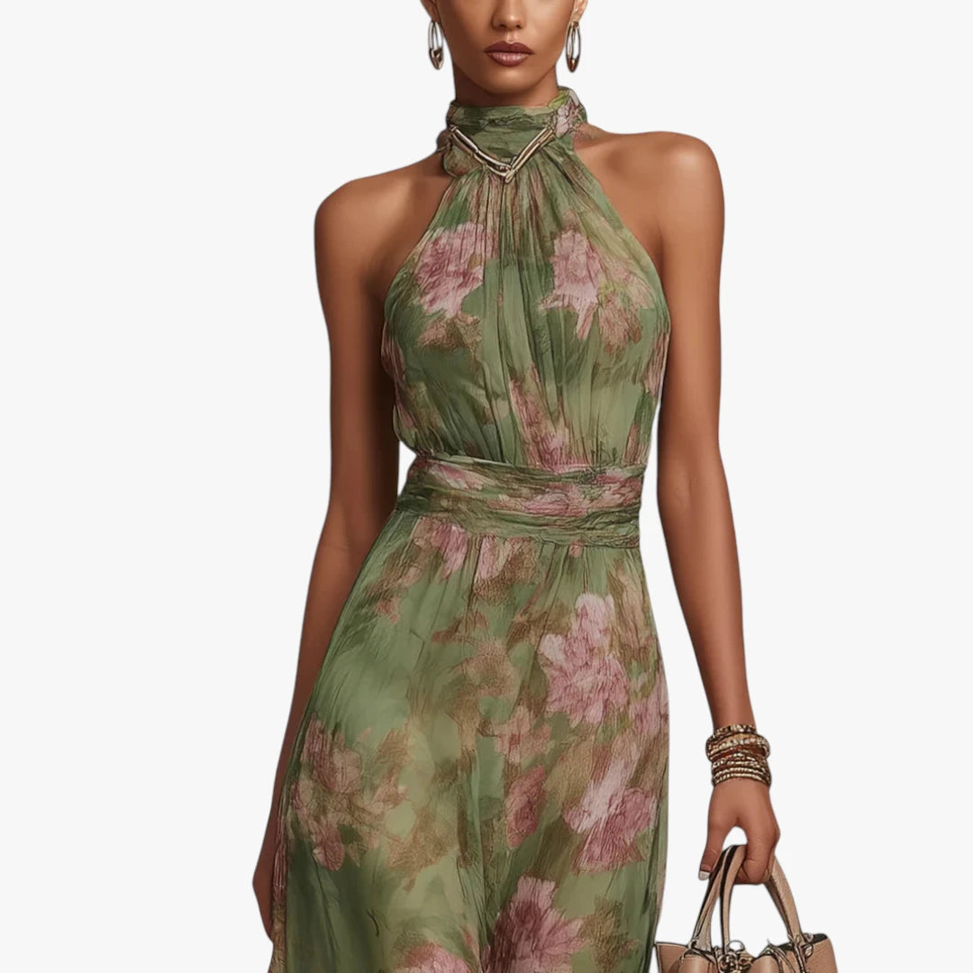Dame Blomstret Maxi Kjole til Bryllup med Halterneck