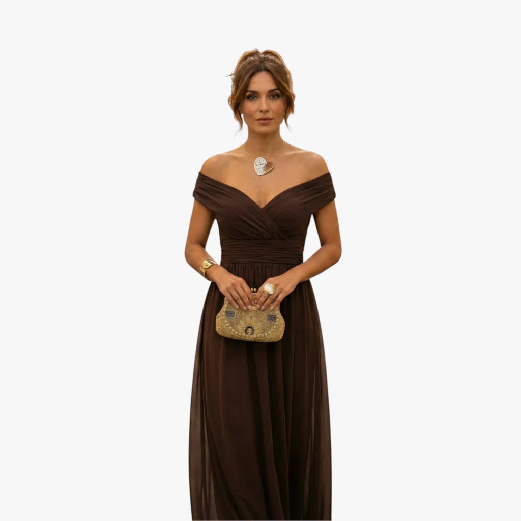 Dame  Off Shoulder Maxi Kjole til Bryllup med Plisserede Detaljer