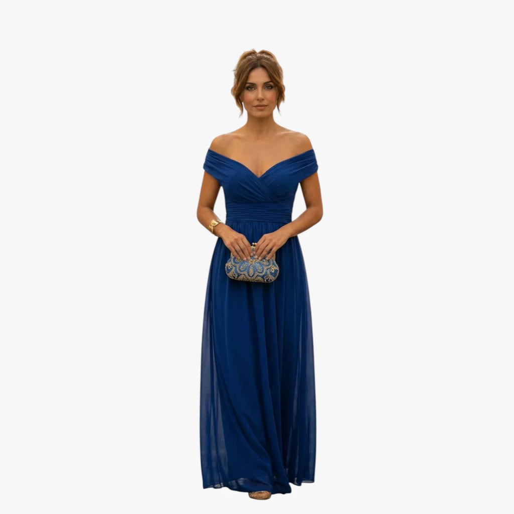 Dame  Off Shoulder Maxi Kjole til Bryllup med Plisserede Detaljer