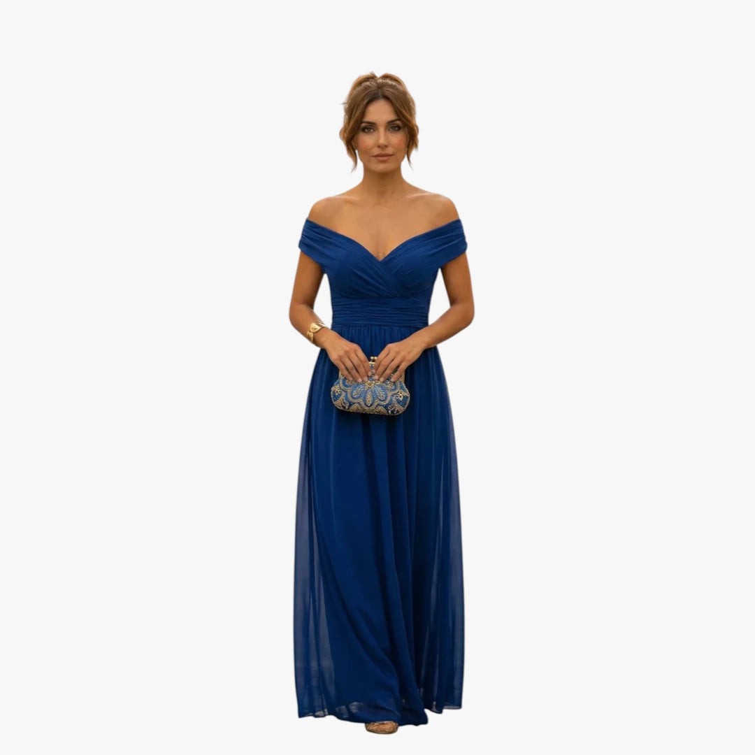 Dame  Off Shoulder Maxi Kjole til Bryllup med Plisserede Detaljer