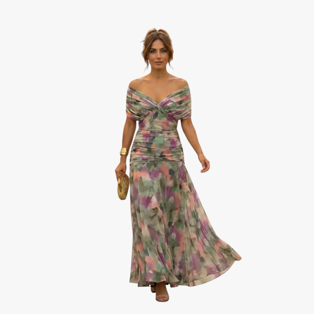 Dame  Off Shoulder Maxi Kjole til Bryllup med Plisserede Detaljer