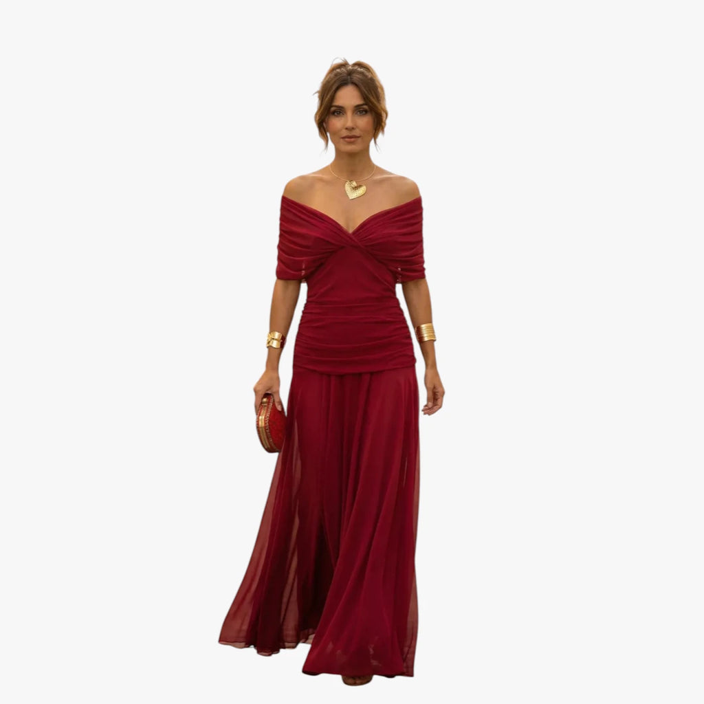 Dame  Off Shoulder Maxi Kjole til Bryllup med Plisserede Detaljer