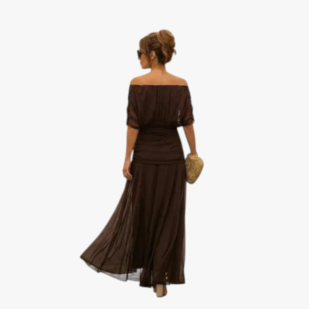 Dame  Off Shoulder Maxi Kjole til Bryllup med Plisserede Detaljer