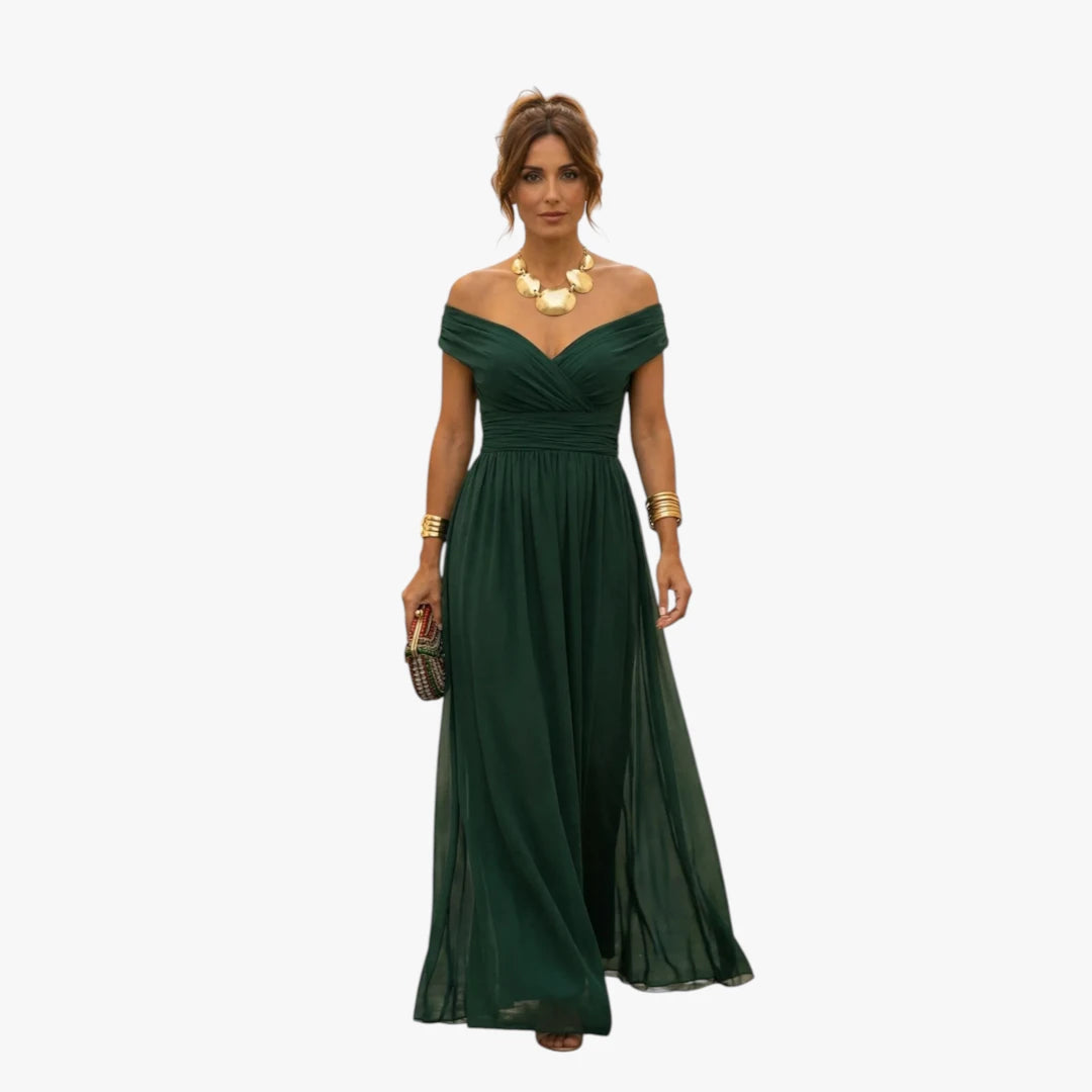 Dame  Off Shoulder Maxi Kjole til Bryllup med Plisserede Detaljer