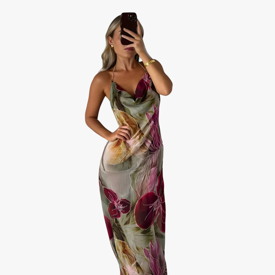 Dame Blomstret Maxi Sommerkjole med Åben Ryg og Strop