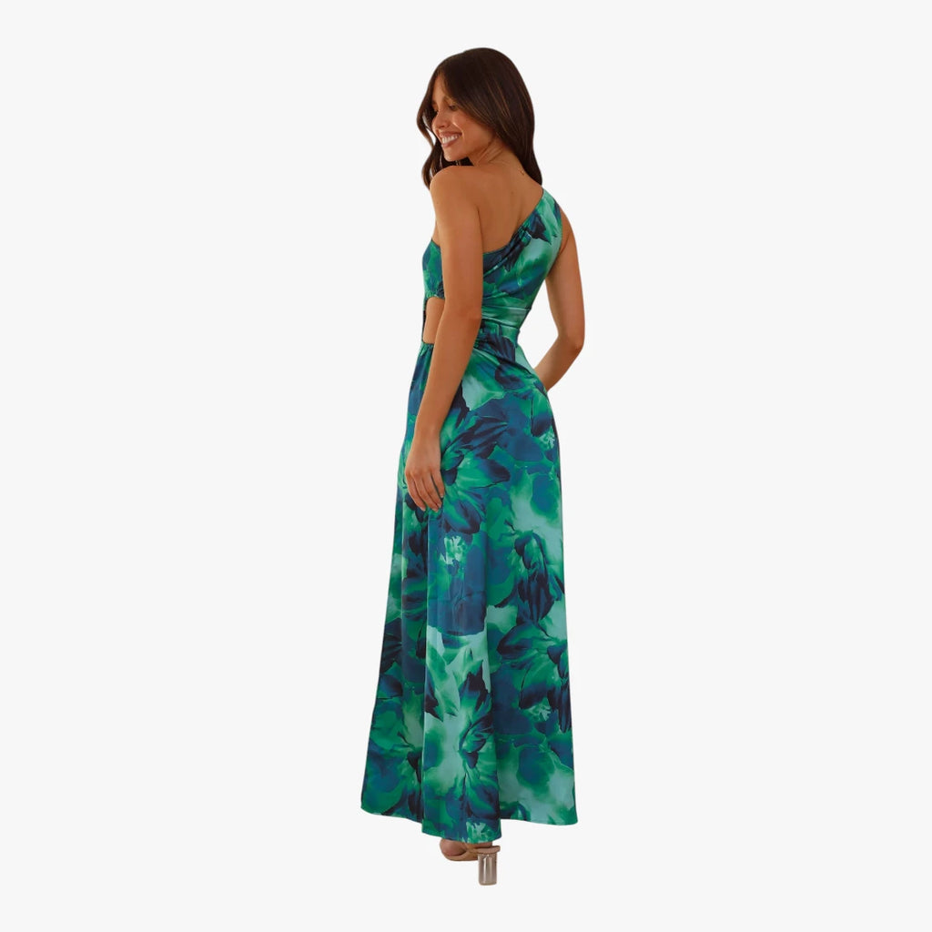 Dame Blomstret Maxi Sommerkjole med One Shoulder og Slid