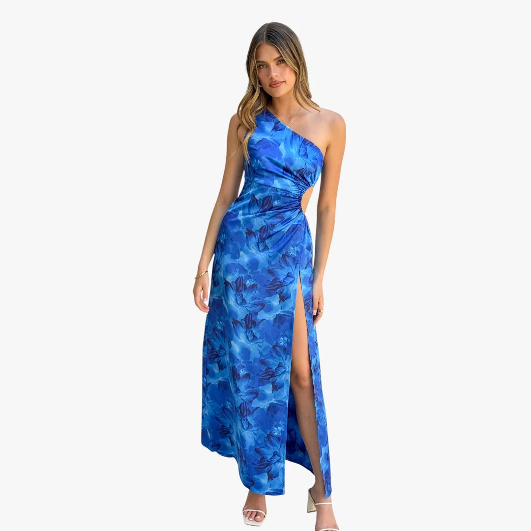 Dame Blomstret Maxi Sommerkjole med One Shoulder og Slid