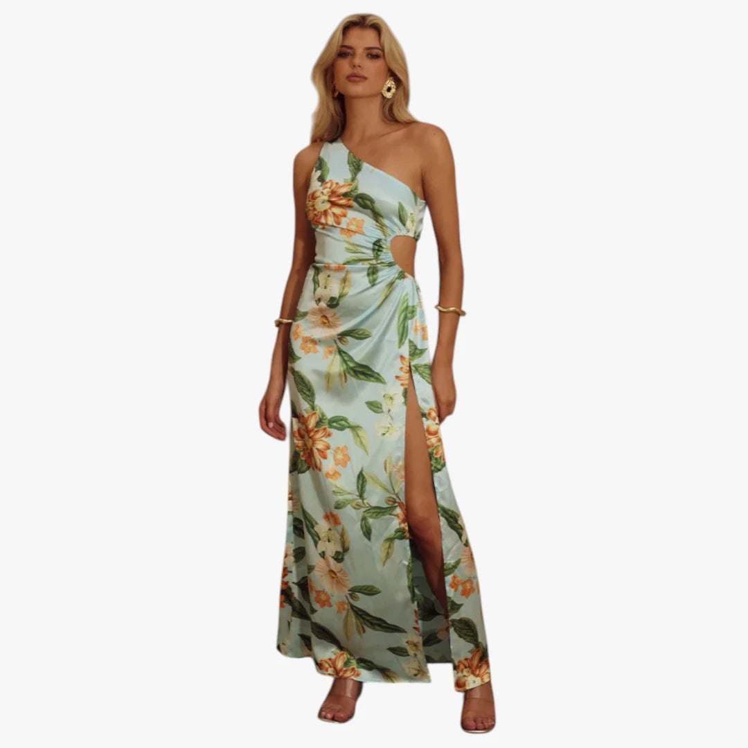 Dame Blomstret Maxi Sommerkjole med One Shoulder og Slid