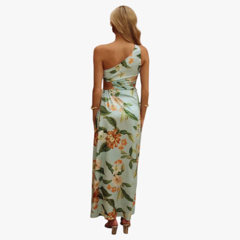 Dame Blomstret Maxi Sommerkjole med One Shoulder og Slid