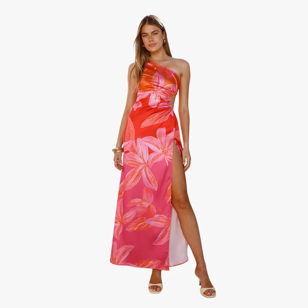 Dame Blomstret Maxi Sommerkjole med One Shoulder og Slid