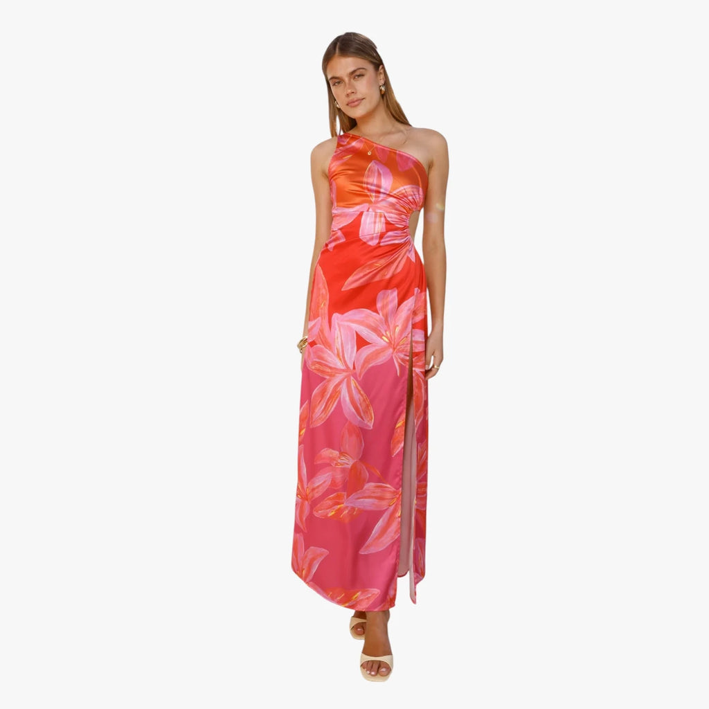 Dame Blomstret Maxi Sommerkjole med One Shoulder og Slid