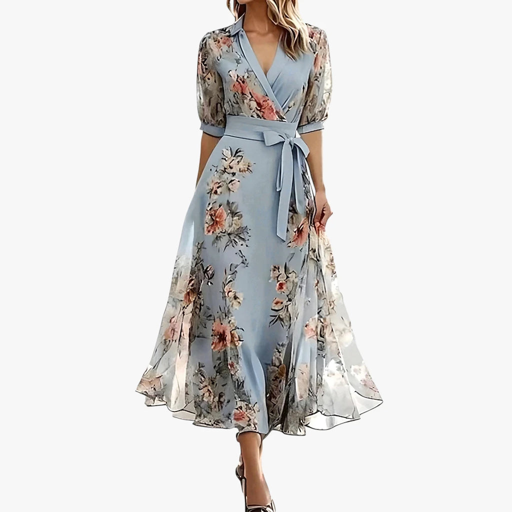 Dame Blomstret Maxi Sommerkjole med Ribbon og Krave