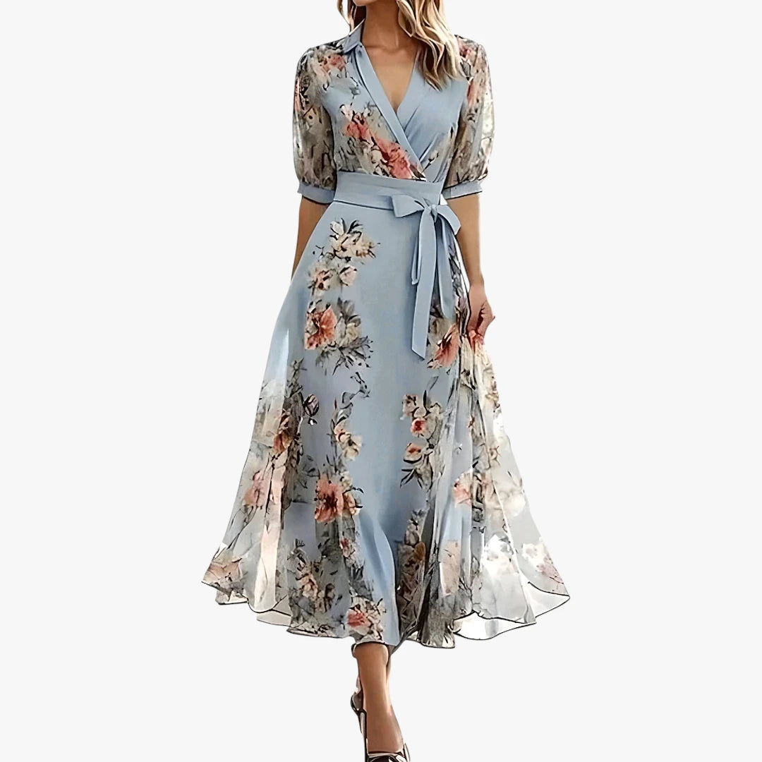 Dame Blomstret Maxi Sommerkjole med Ribbon og Krave