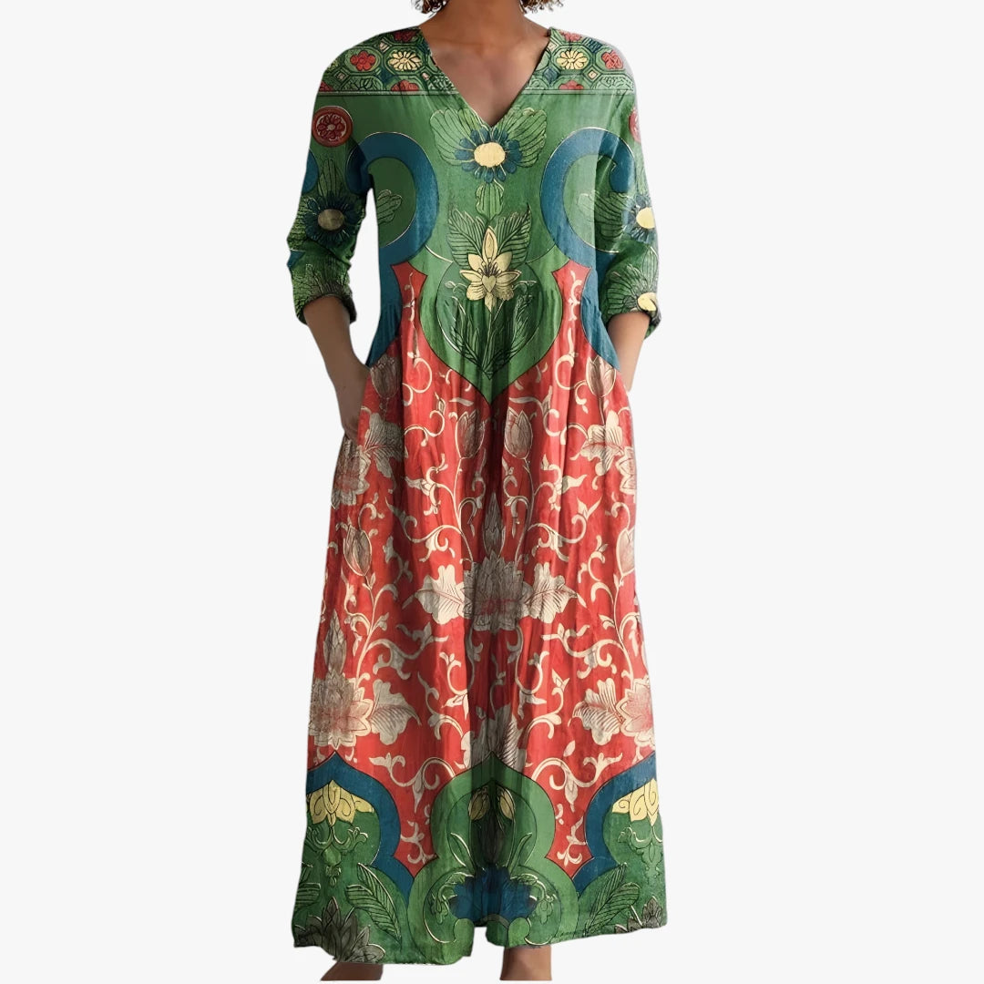 Dame Blomstret Maxi Sommerkjole med V-hals og Lommer