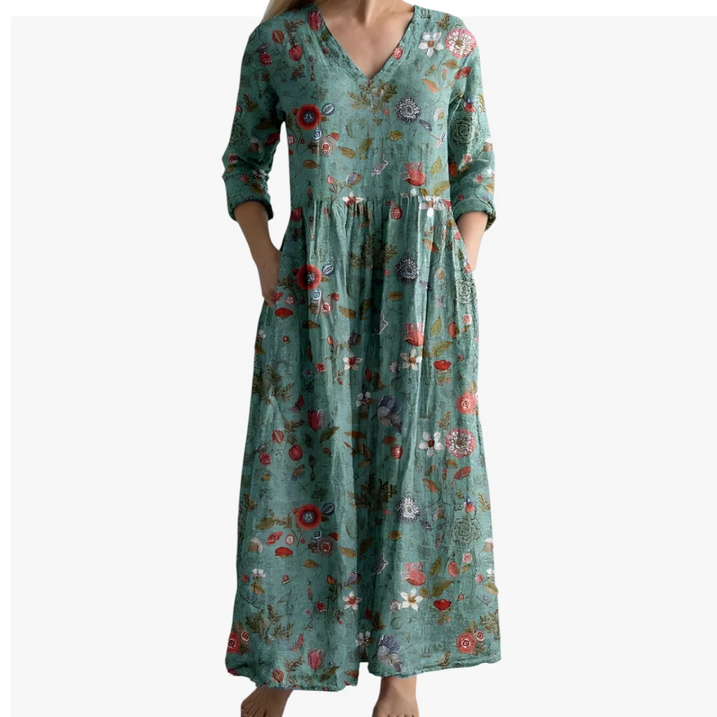 Dame Blomstret Maxi Sommerkjole med V-hals og Lommer