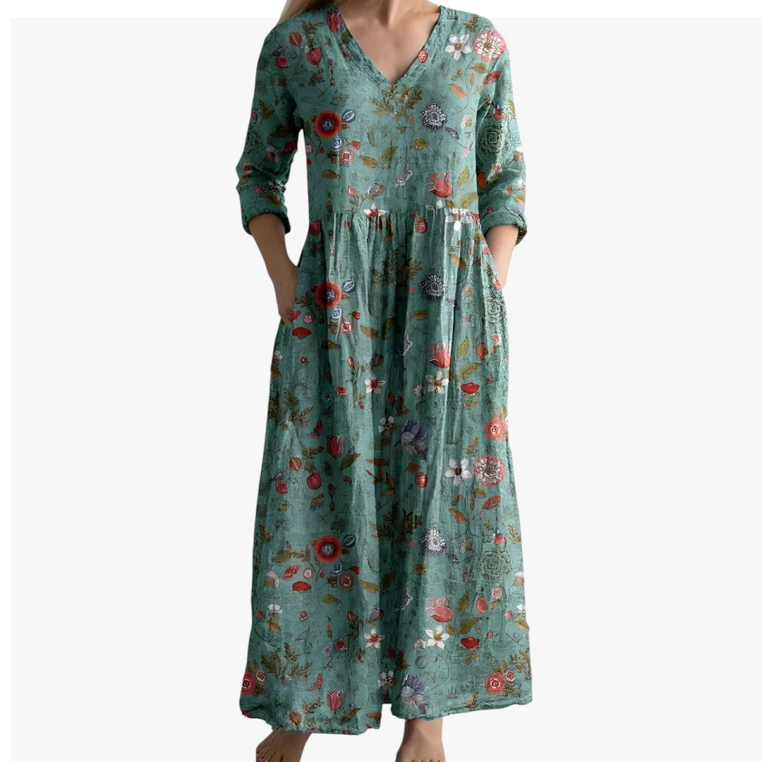 Dame Blomstret Maxi Sommerkjole med V-hals og Lommer