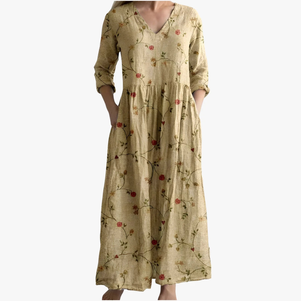 Dame Blomstret Maxi Sommerkjole med V-hals og Lommer