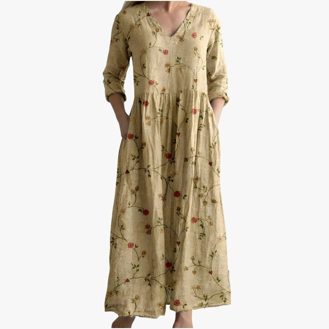 Dame Blomstret Maxi Sommerkjole med V-hals og Lommer
