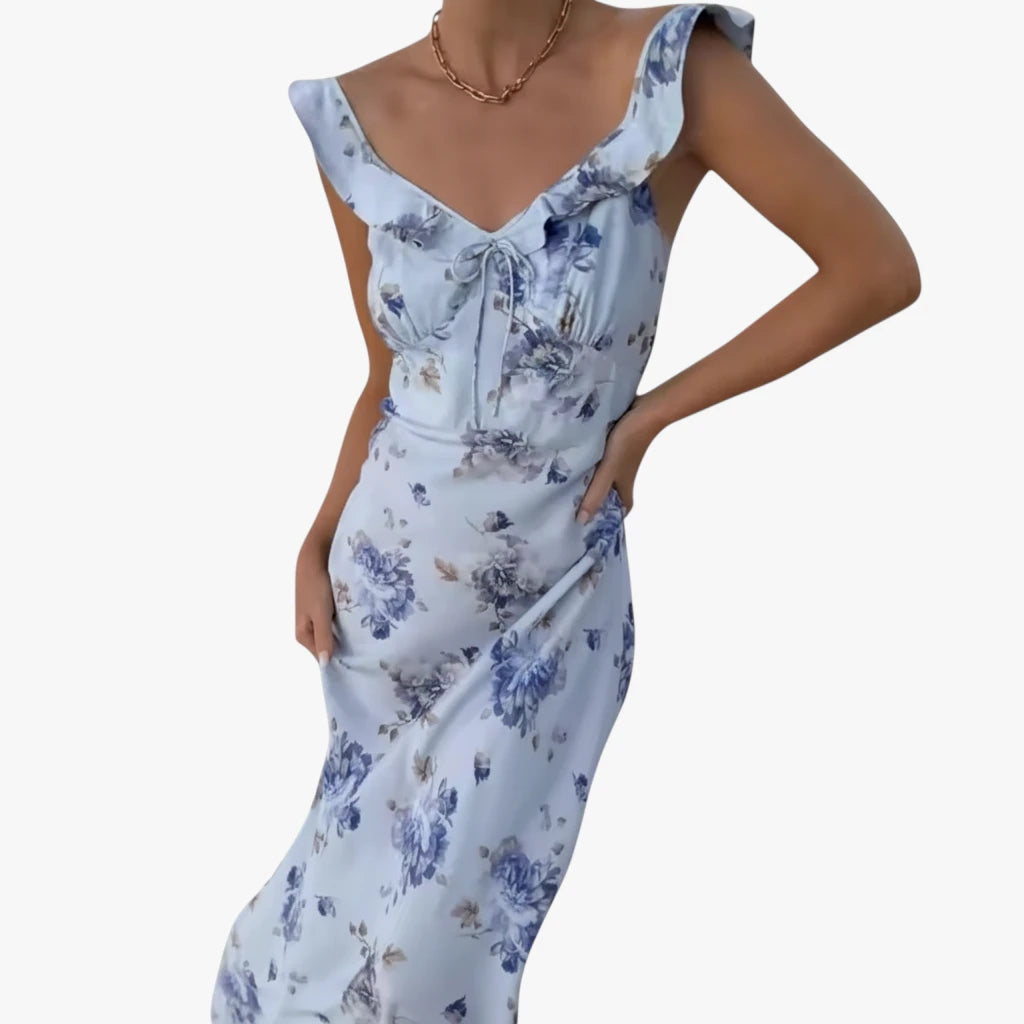 Dame Blomstret Maxi Sommerkjole med V-udskæring og Flæser