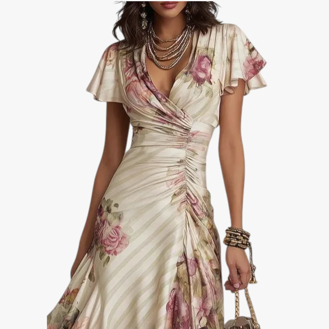 Dame Blomstret Midi Kjole til Bryllup med Flæseærmer