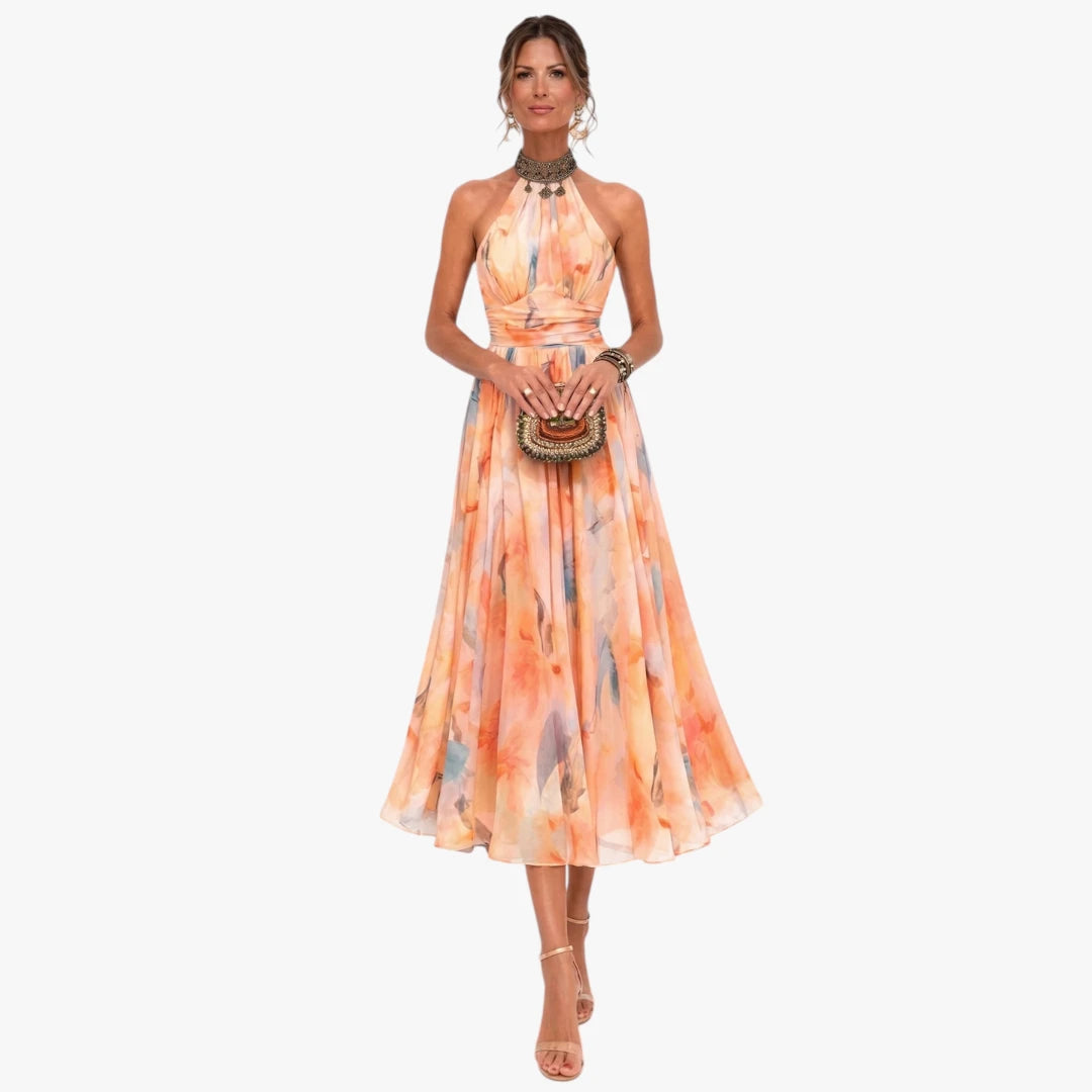 Dame Blomstret Midi Kjole til Bryllup med Halterneck