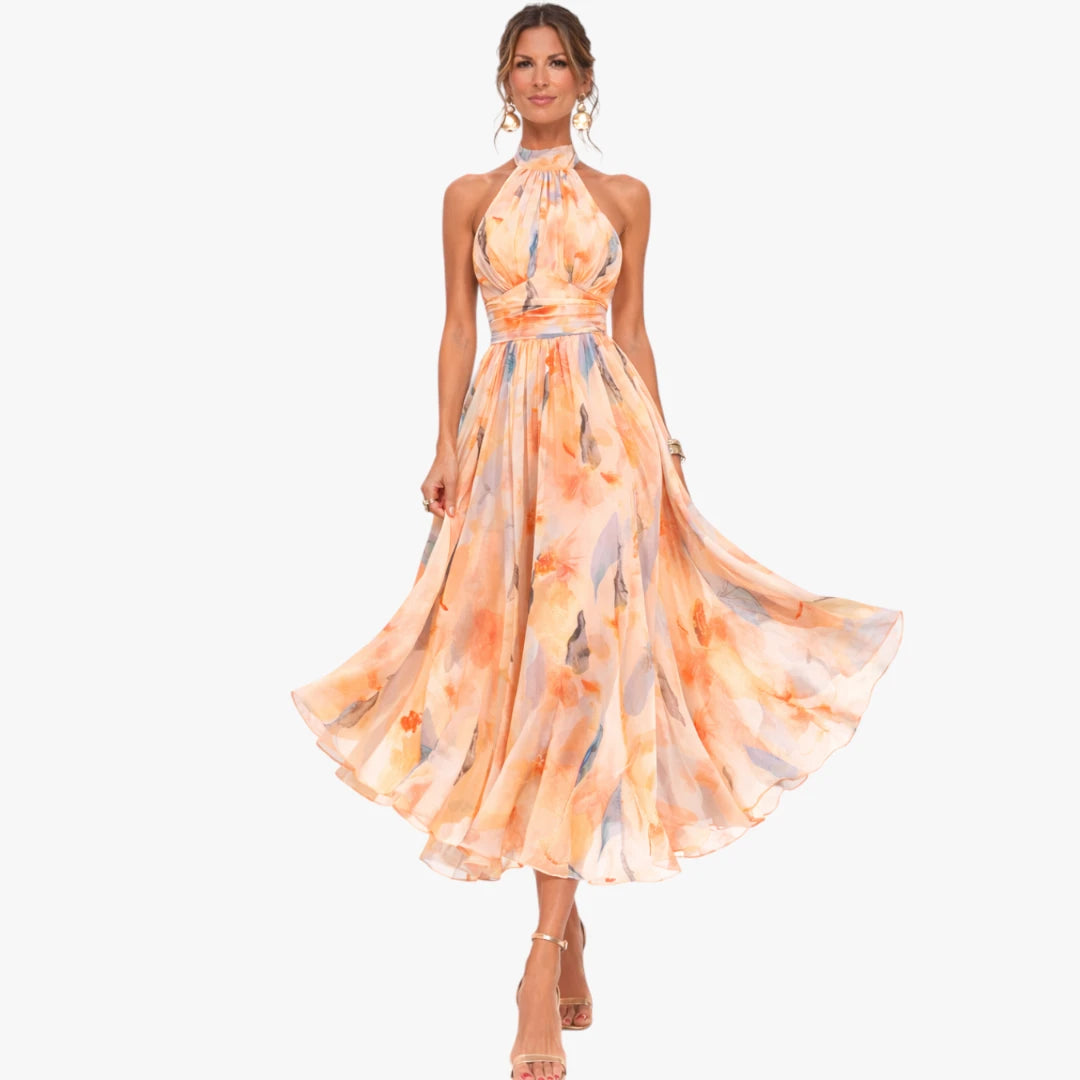Dame Blomstret Midi Kjole til Bryllup med Halterneck