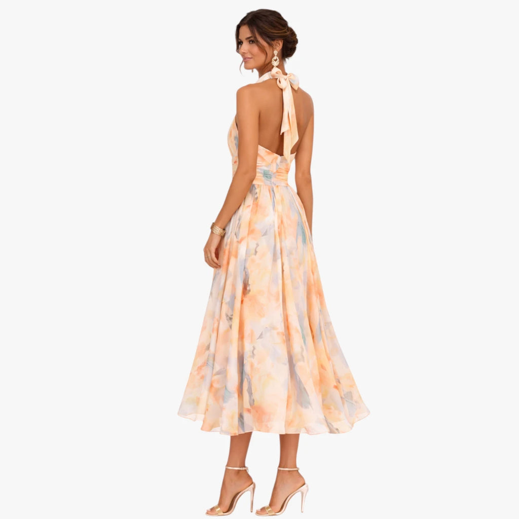 Dame Blomstret Midi Kjole til Bryllup med Halterneck