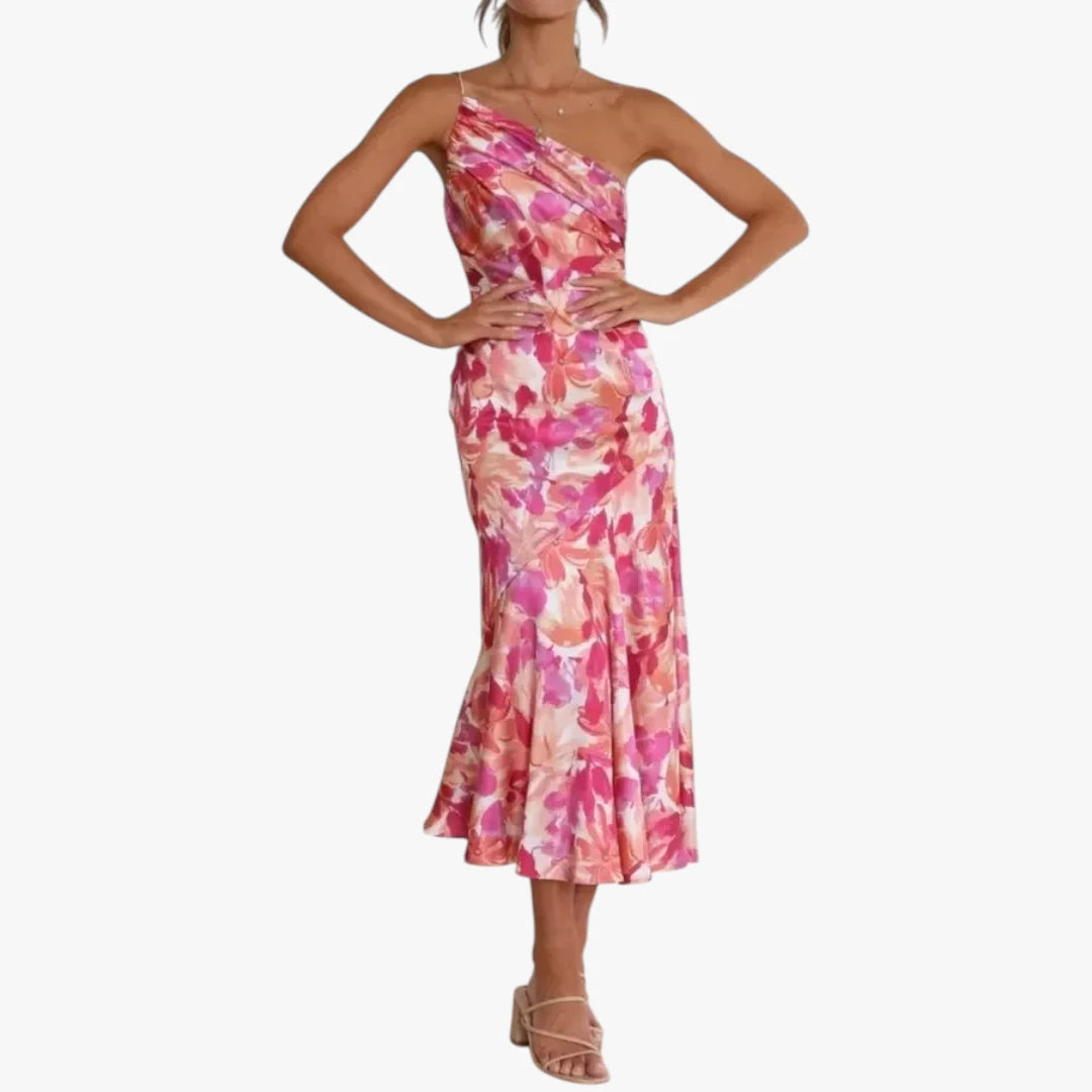 Dame Blomstret Midi Kjole til Bryllup med One Shoulder