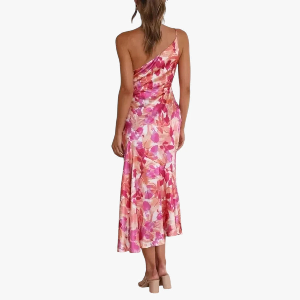 Dame Blomstret Midi Kjole til Bryllup med One Shoulder