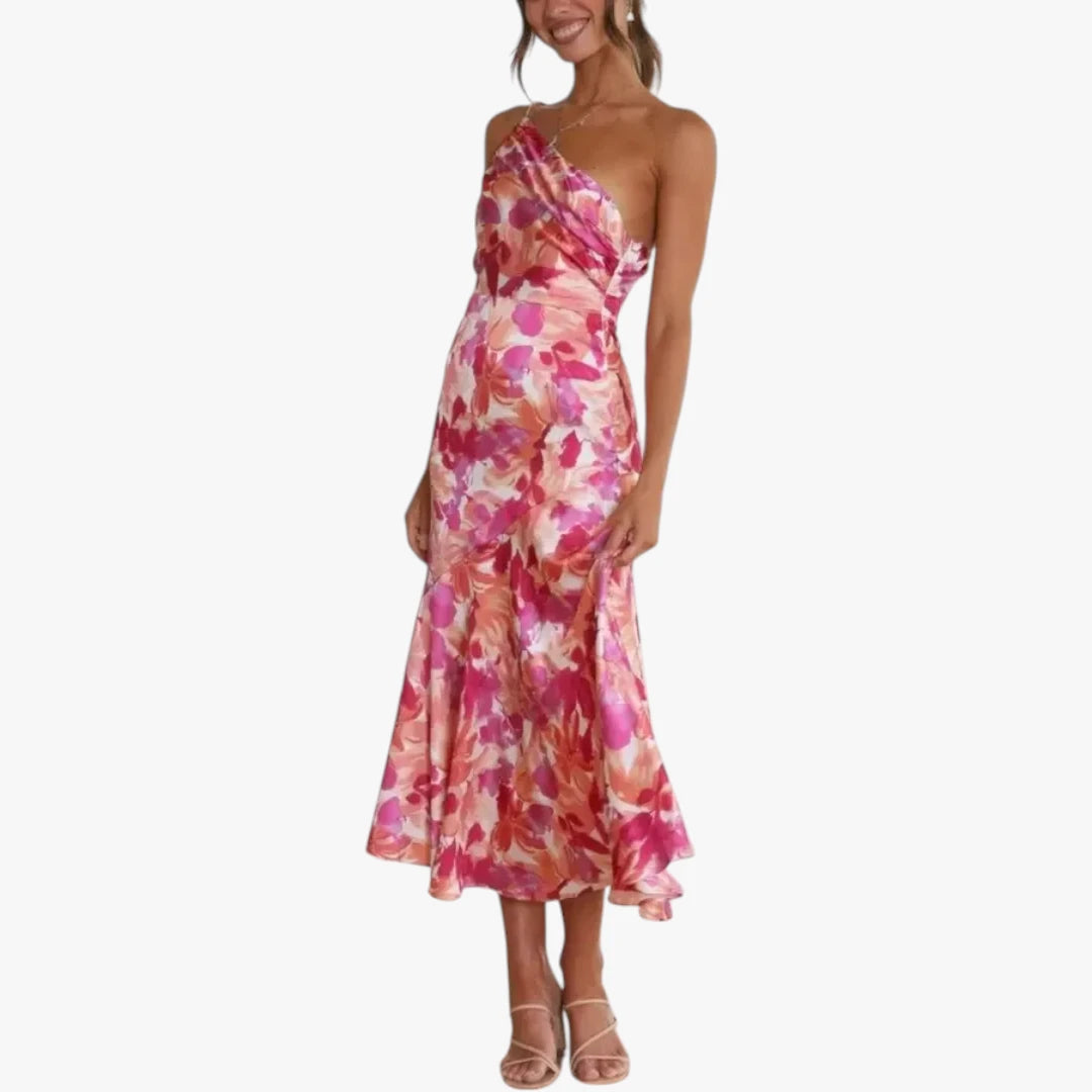 Dame Blomstret Midi Kjole til Bryllup med One Shoulder
