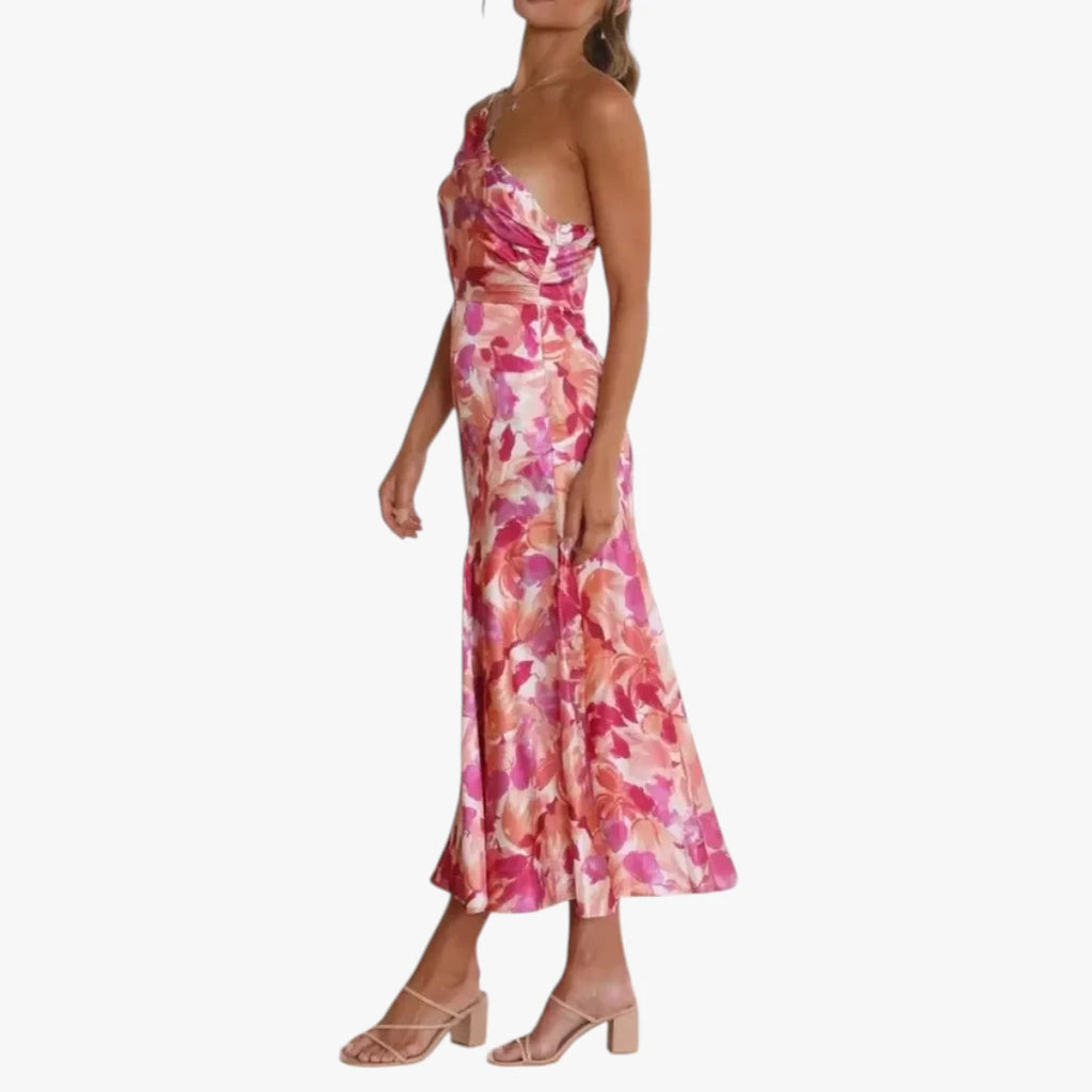 Dame Blomstret Midi Kjole til Bryllup med One Shoulder