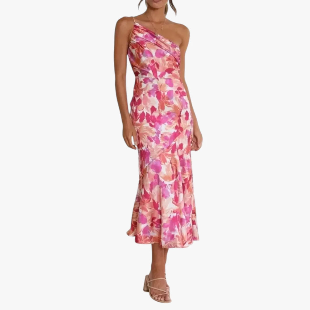 Dame Blomstret Midi Kjole til Bryllup med One Shoulder