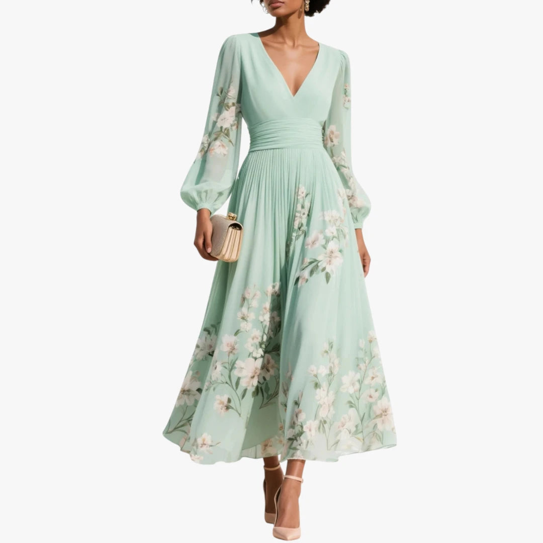 Dame Blomstret Midi Kjole til Bryllup med Pufærmer