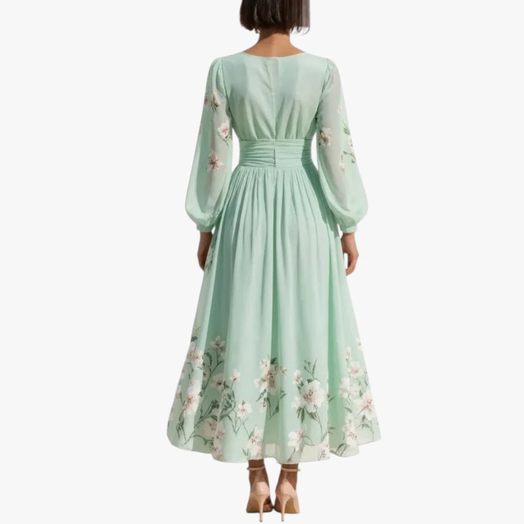 Dame Blomstret Midi Kjole til Bryllup med Pufærmer