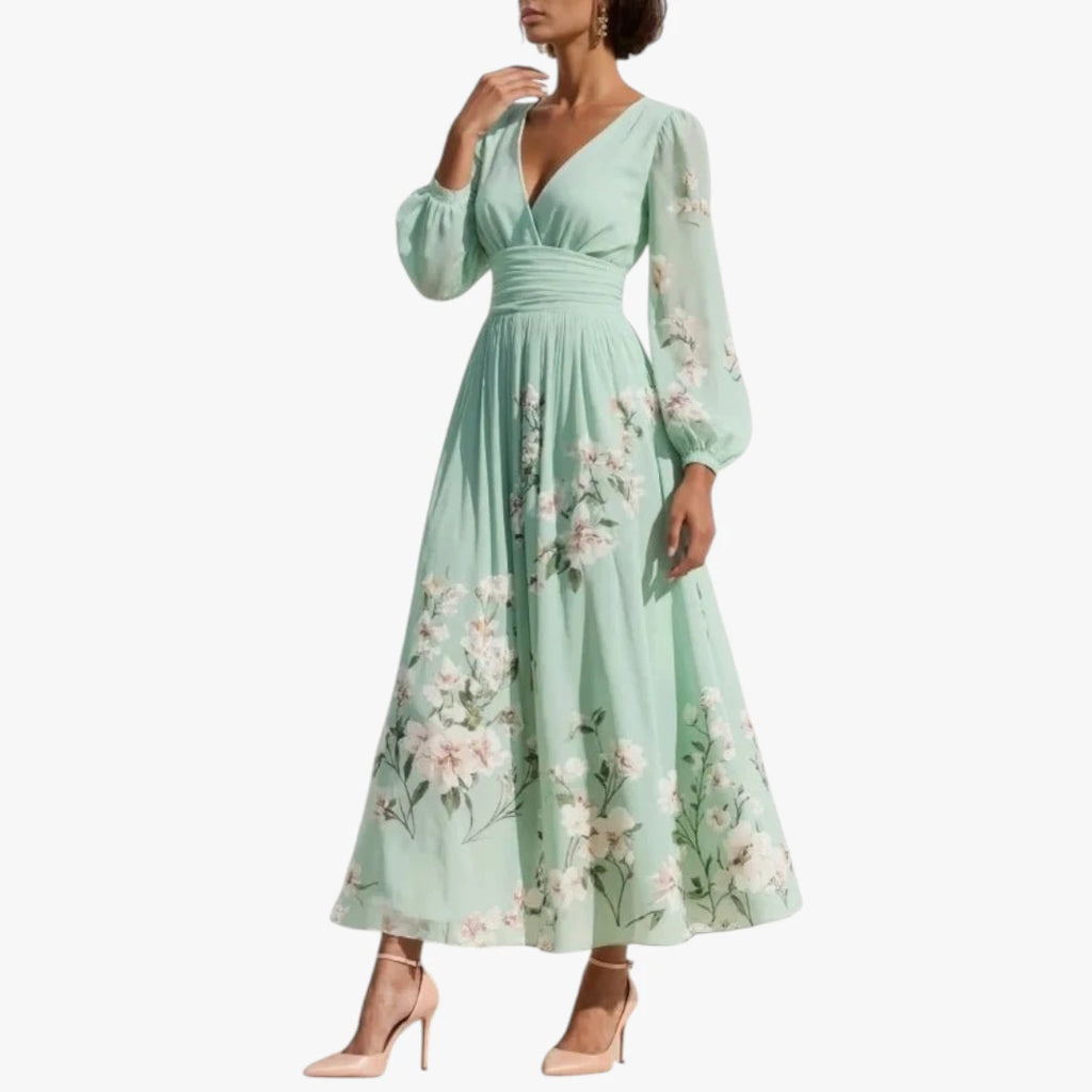 Dame Blomstret Midi Kjole til Bryllup med Pufærmer