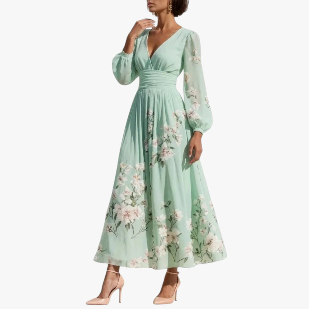 Dame Blomstret Midi Kjole til Bryllup med Pufærmer