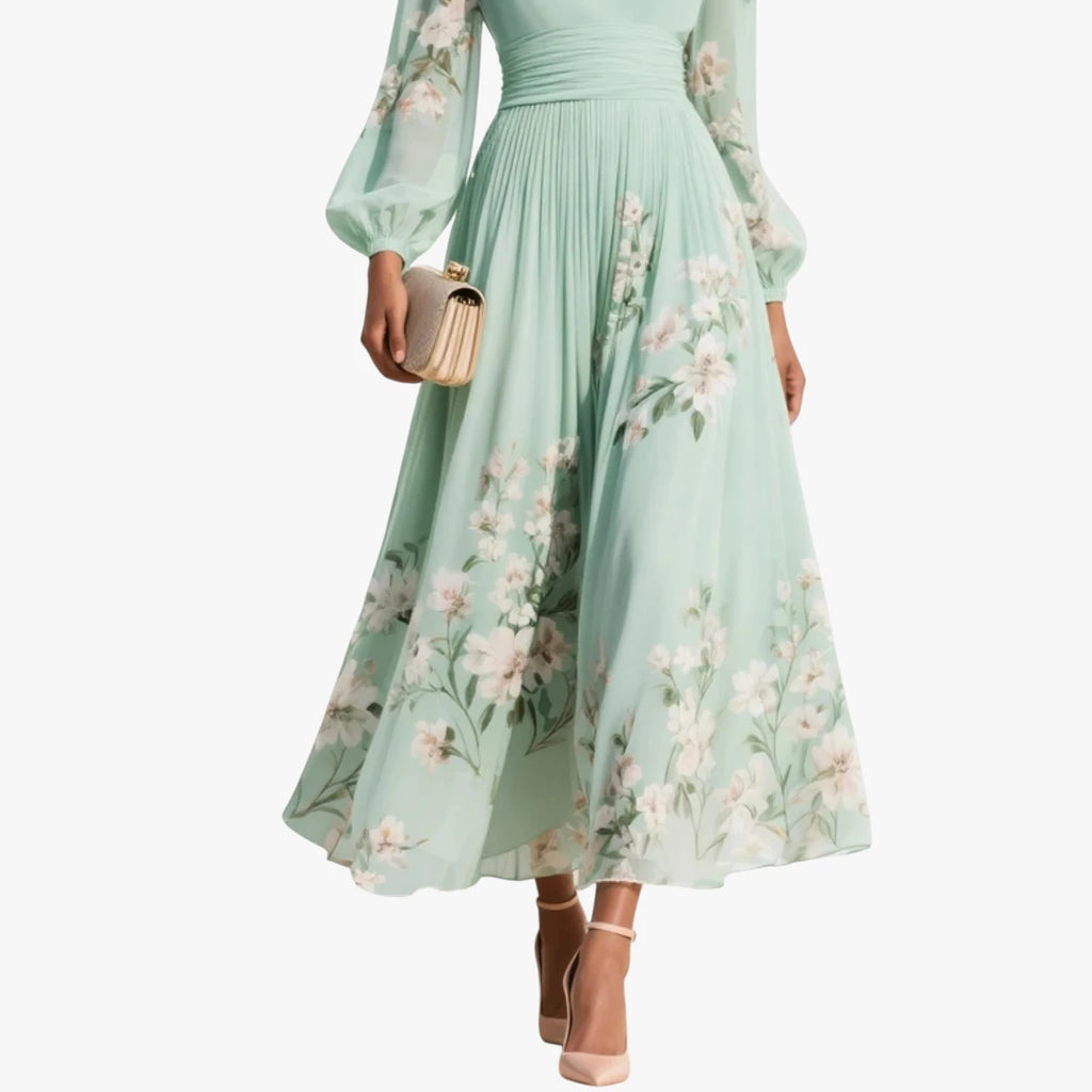 Dame Blomstret Midi Kjole til Bryllup med Pufærmer