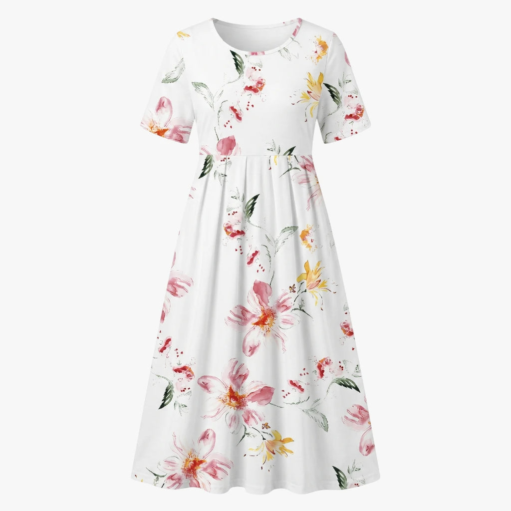 Dame Blomstret Midi Sommerkjole med Ærmer