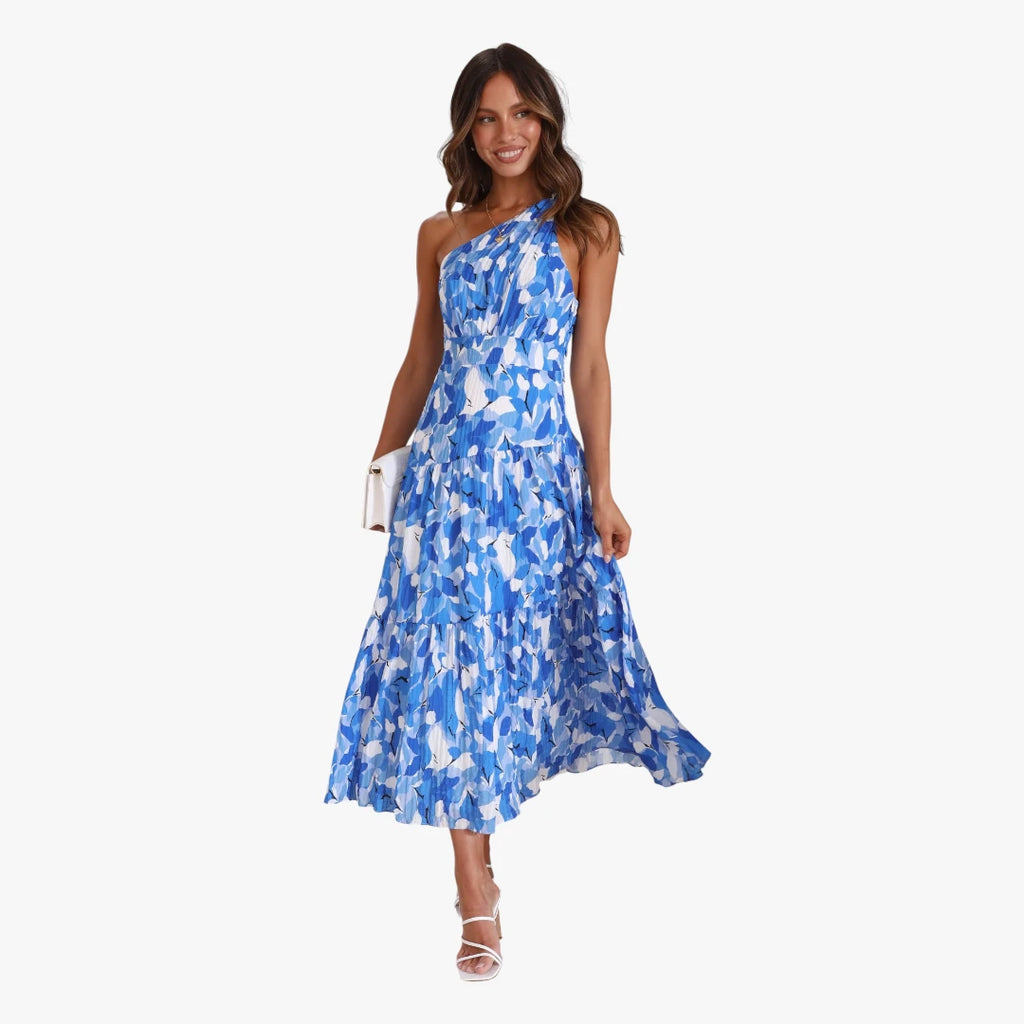 Dame Blomstret Midi Sommerkjole med One Shoulder og Plisseret