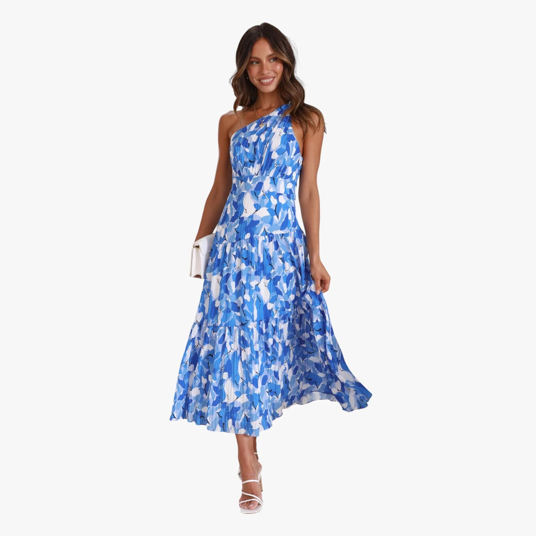Dame Blomstret Midi Sommerkjole med One Shoulder og Plisseret