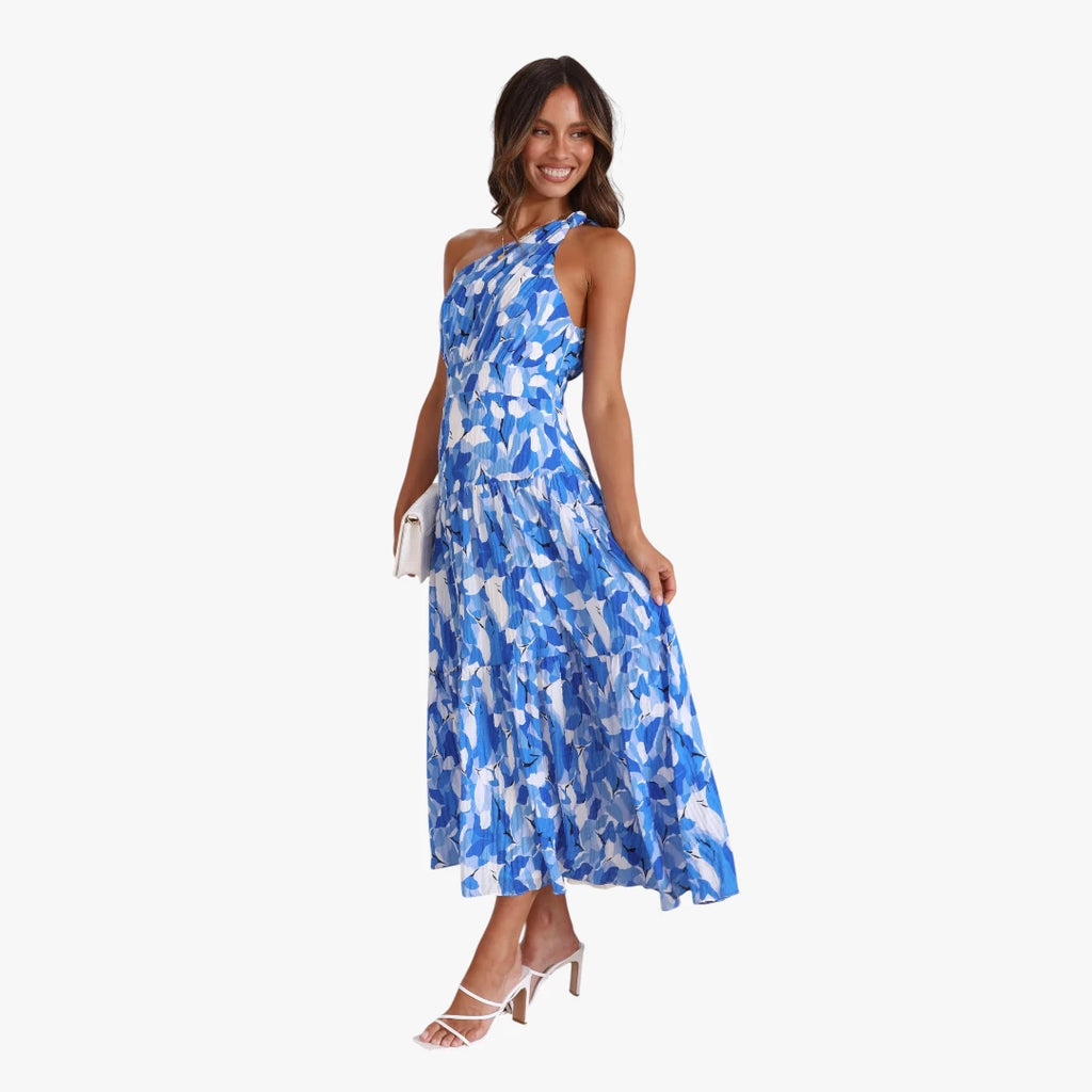Dame Blomstret Midi Sommerkjole med One Shoulder og Plisseret