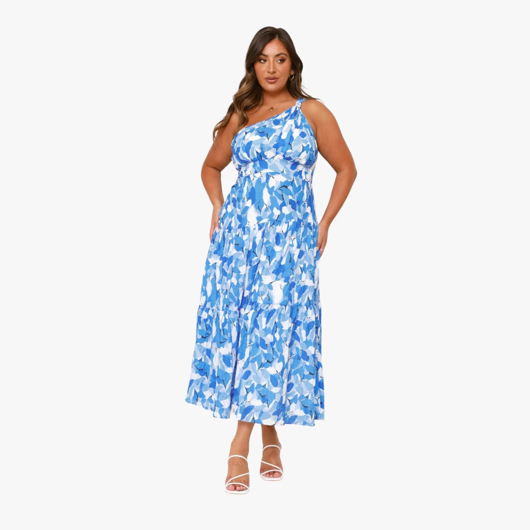 Dame Blomstret Midi Sommerkjole med One Shoulder og Plisseret