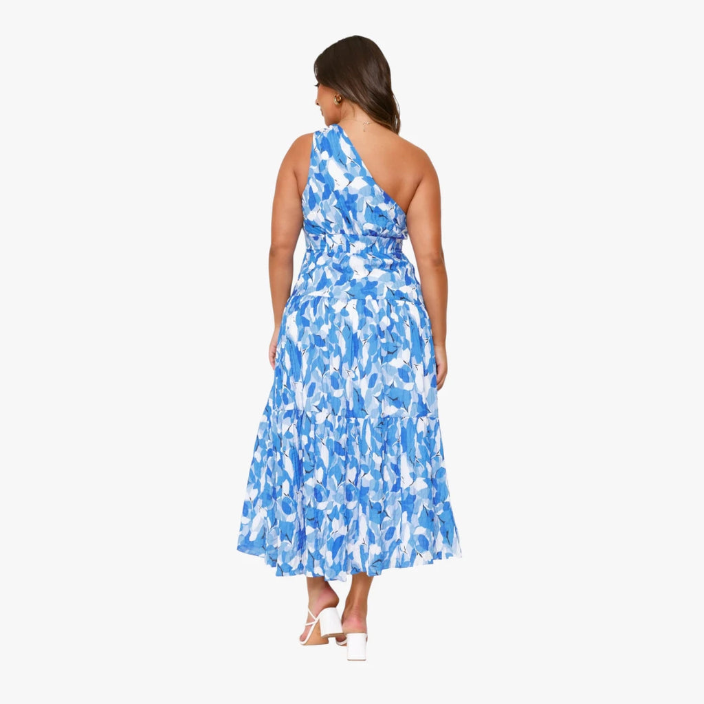 Dame Blomstret Midi Sommerkjole med One Shoulder og Plisseret