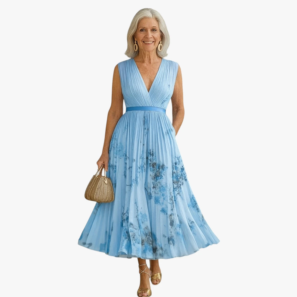 Dame Blomstret Midi Sommerkjole med Plisseret Nederdel