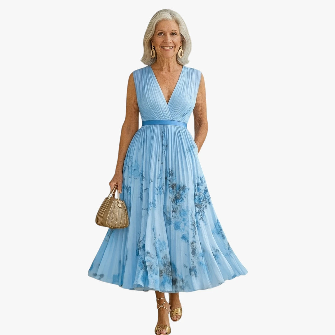 Dame Blomstret Midi Sommerkjole med Plisseret Nederdel
