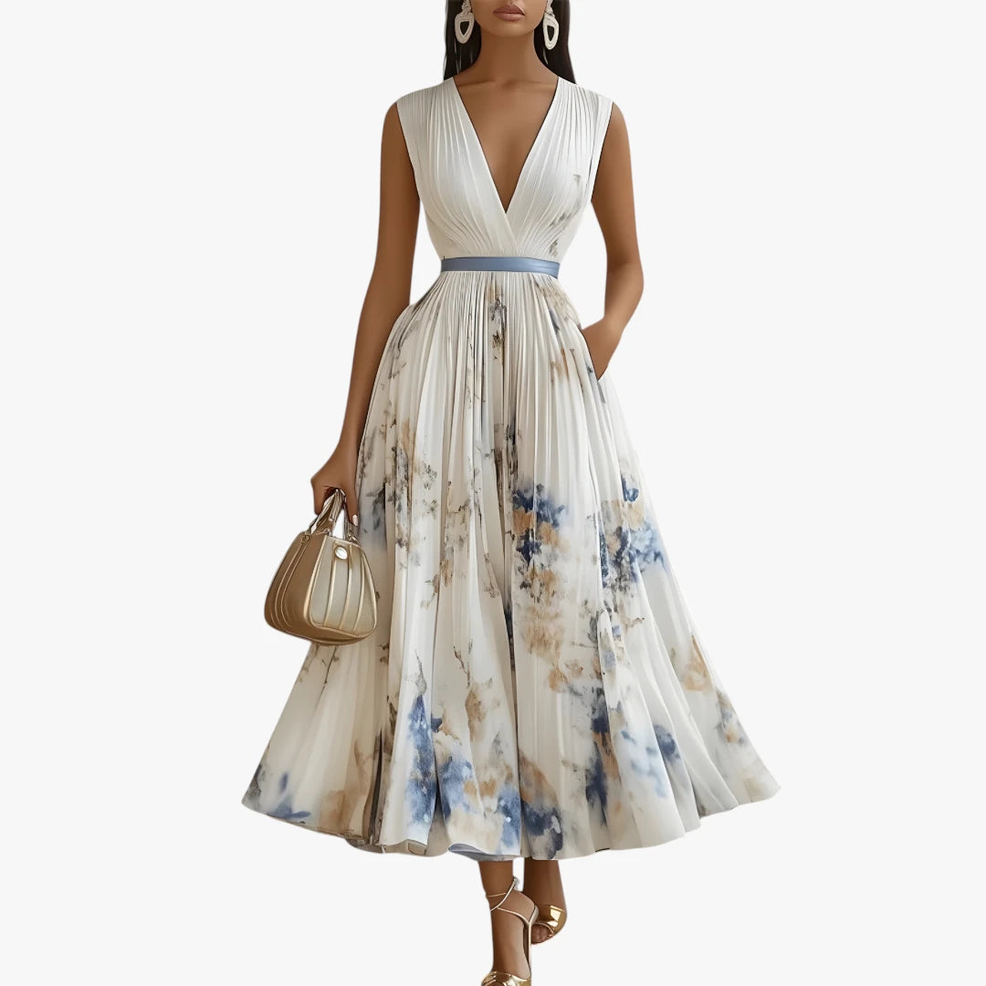 Dame Blomstret Midi Sommerkjole med Plisseret Nederdel