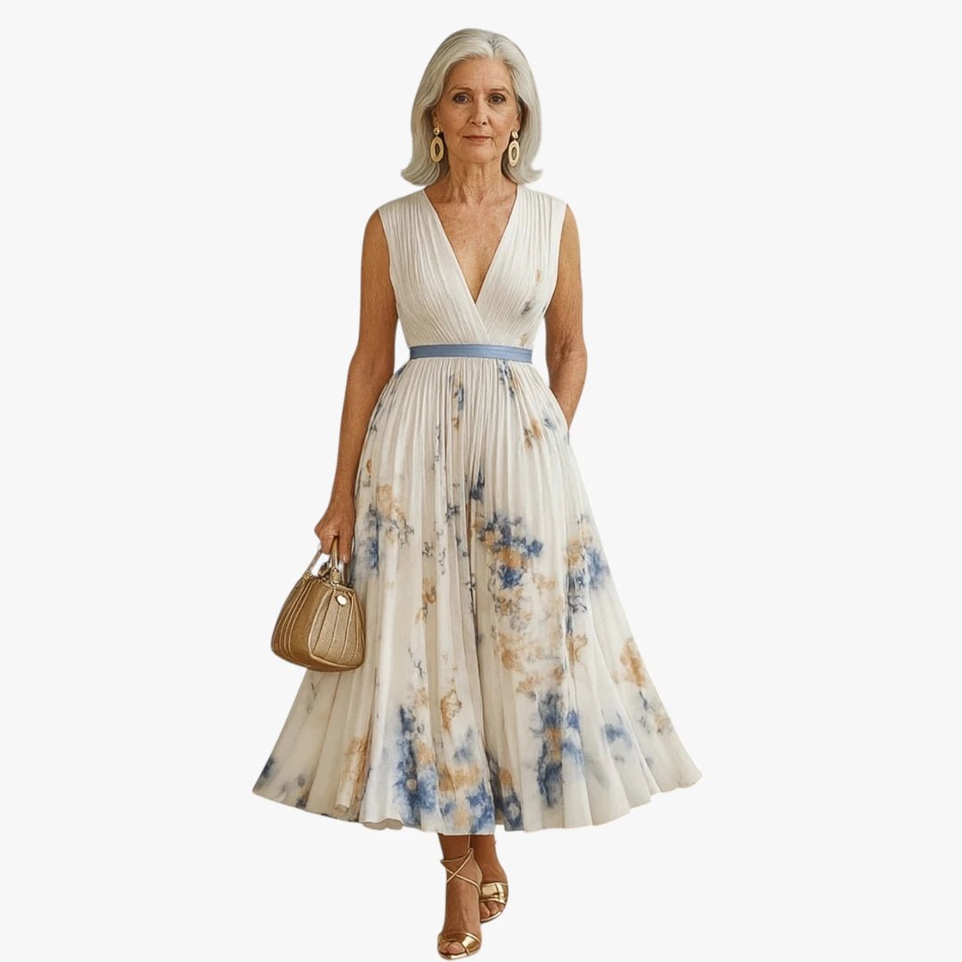 Dame Blomstret Midi Sommerkjole med Plisseret Nederdel