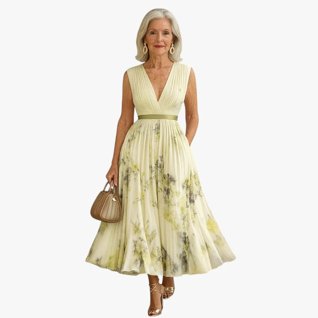 Dame Blomstret Midi Sommerkjole med Plisseret Nederdel