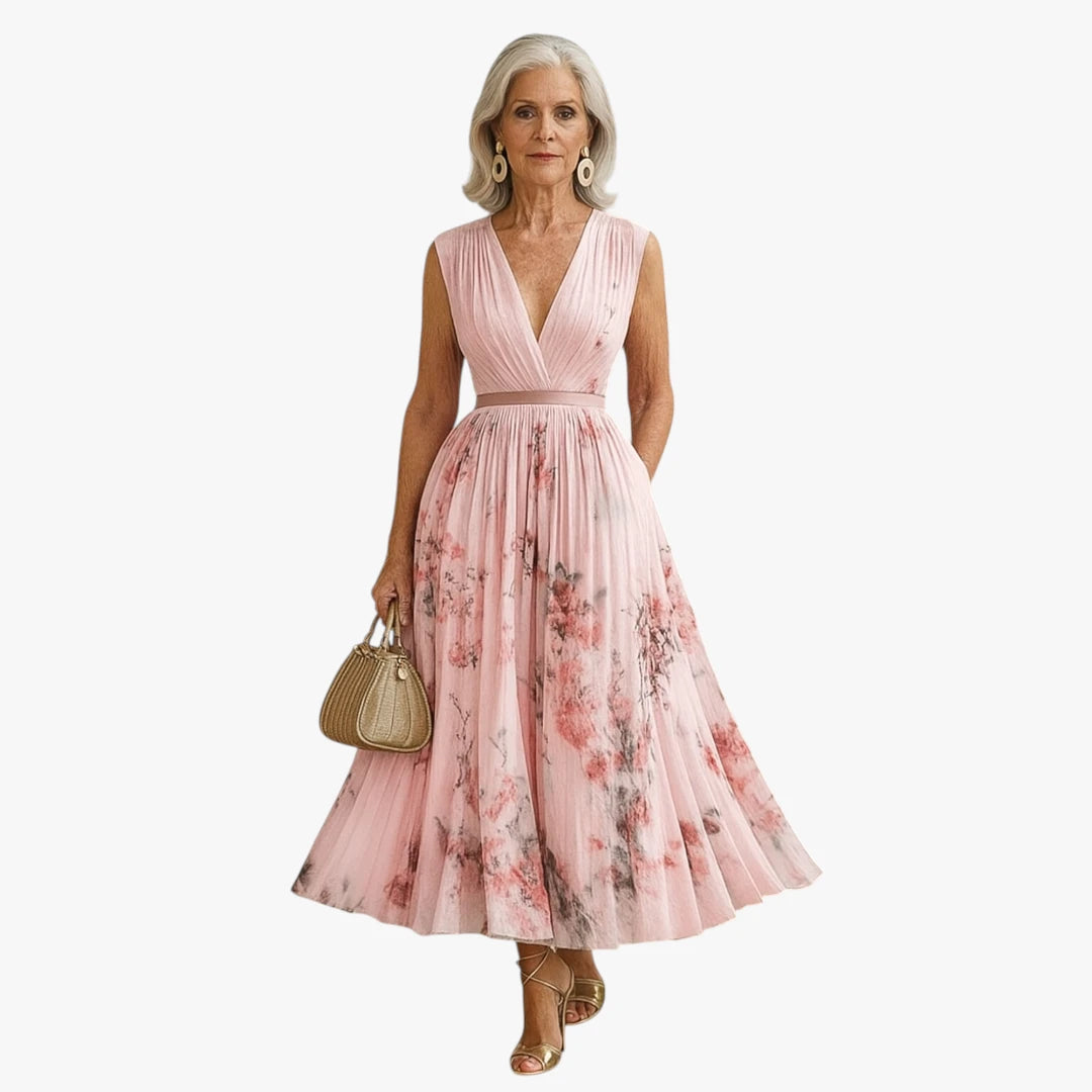 Dame Blomstret Midi Sommerkjole med Plisseret Nederdel